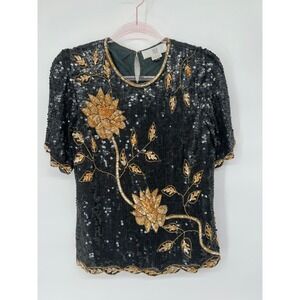Vintage Illustrations Petite Sequin Beaded Top Floral Embellished Party